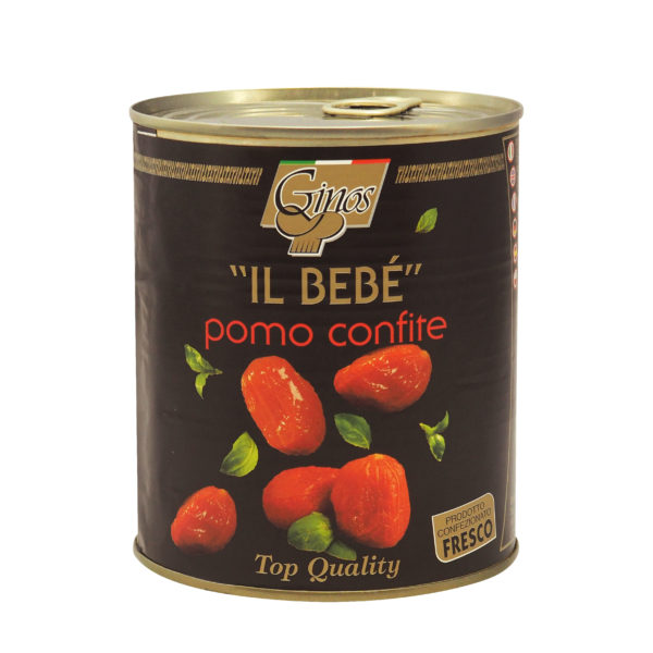 "IL BEBÉ" Pomo confite Pomidorini Pelati Semidry ~ Tomatitos enteros pelados semisecos en aceite con albahaca