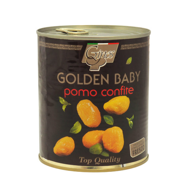 Pomodorini Gialli "golden Baby", Tomatitos amarillos pelados semisecos en aceite con albahaca